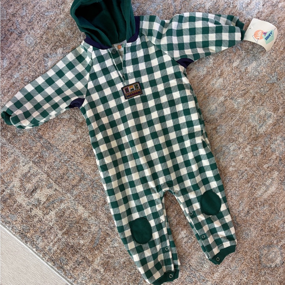 NWT vintage Green Checkered Kids outdoor One Piece with patches